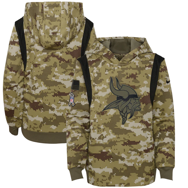 Youth Minnesota Vikings 2021 Camo Salute To Service Therma Performance Pullover Hoodie